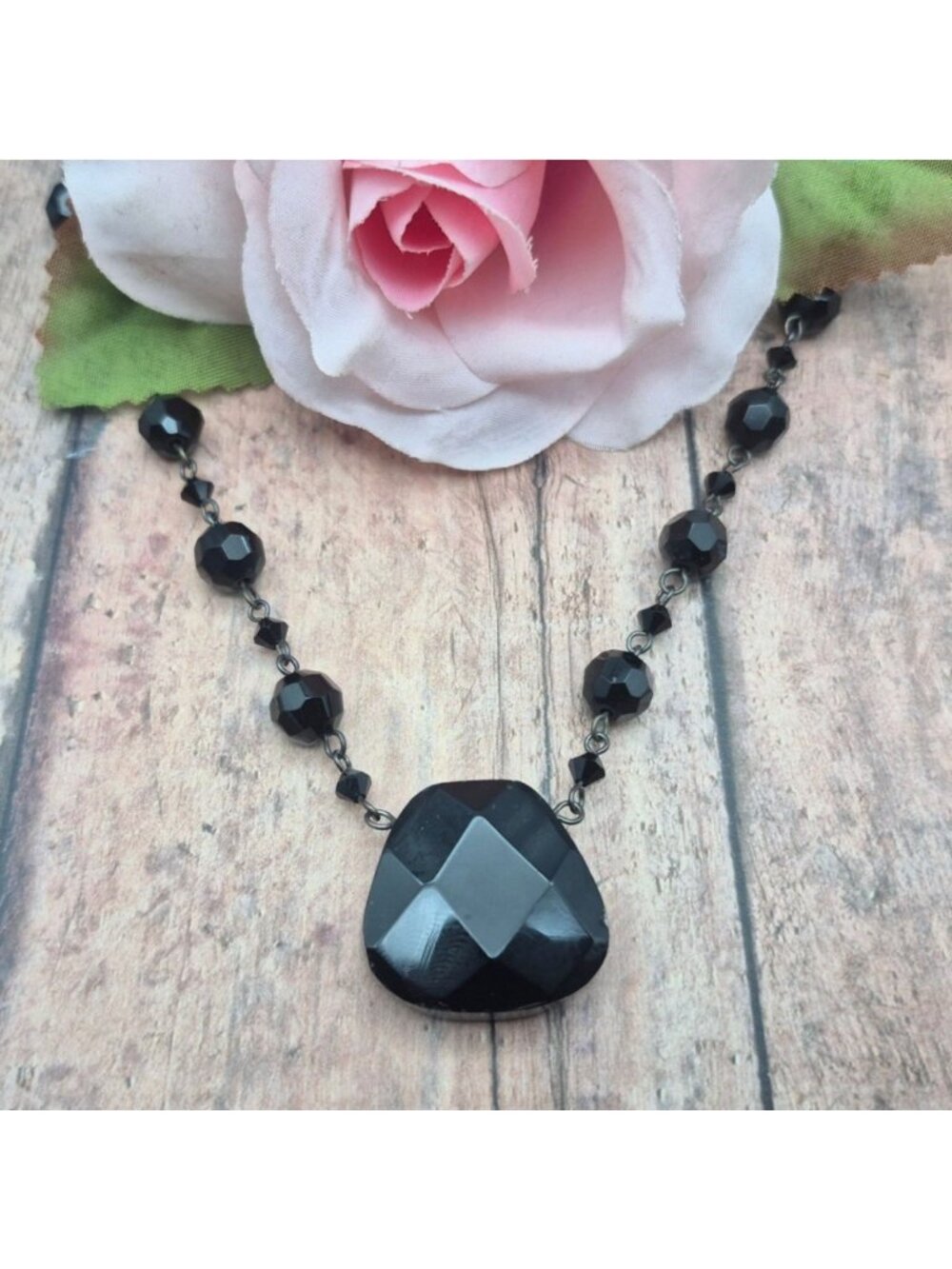 White House Black Market Black Glass Bead Collar Pendant Necklace 18" Whimsigoth